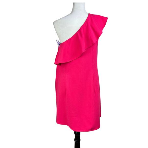 French Connection NWT Deep Hot Pink One Shoulder Ruffle Overlay Mini Dress - Picture 5 of 12